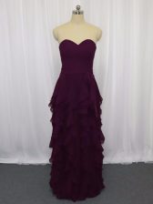 Pretty Dark Purple Chiffon Zipper Dress for Prom Sleeveless Floor Length Ruffled Layers and Ruching
