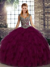 Smart Straps Sleeveless Quince Ball Gowns Floor Length Beading and Ruffles Dark Purple Organza