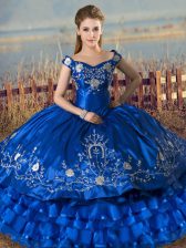 Discount Sleeveless Satin and Organza Floor Length Lace Up 15 Quinceanera Dress in Royal Blue with Embroidery and Ruffled Layers
