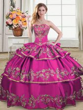  Sleeveless Floor Length Embroidery and Ruffled Layers Lace Up Quinceanera Gown with Fuchsia