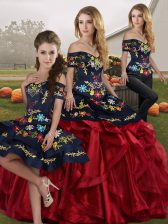 Gorgeous Red And Black Quinceanera Gowns Military Ball and Sweet 16 and Quinceanera with Embroidery and Ruffles Off The Shoulder Sleeveless Lace Up