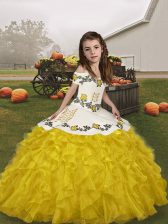 Dramatic Organza Straps Sleeveless Lace Up Embroidery and Ruffles Little Girls Pageant Gowns in Gold