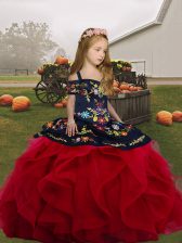 Popular Red Straps Neckline Embroidery and Ruffles Child Pageant Dress Sleeveless Lace Up