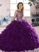 Custom Made Purple Organza Lace Up Scoop Sleeveless Floor Length Quinceanera Dresses Beading and Ruffles