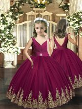  Sleeveless Floor Length Embroidery Backless Little Girls Pageant Dress Wholesale with Burgundy