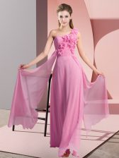  Rose Pink One Shoulder Neckline Hand Made Flower Court Dresses for Sweet 16 Sleeveless Lace Up