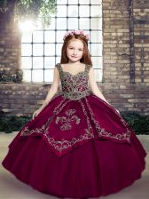 Trendy Straps Sleeveless Little Girls Pageant Gowns Floor Length Embroidery Fuchsia Tulle