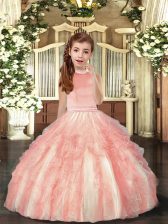 Best Peach Backless Little Girls Pageant Dress Beading and Ruffles Sleeveless Floor Length