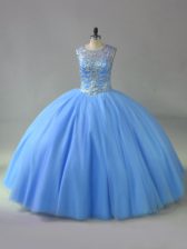  Ball Gowns Quince Ball Gowns Blue Scoop Tulle Sleeveless Floor Length Lace Up