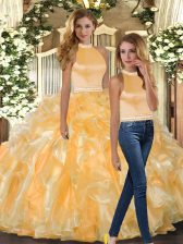  Gold Backless Quinceanera Dress Beading and Ruffles Sleeveless Floor Length