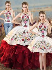 Clearance White And Red Vestidos de Quinceanera Sweet 16 and Quinceanera with Embroidery and Ruffles Halter Top Sleeveless Lace Up
