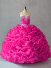 Designer Fuchsia Sweet 16 Quinceanera Dress Sweet 16 and Quinceanera with Beading and Pick Ups and Hand Made Flower Sweetheart Sleeveless Lace Up