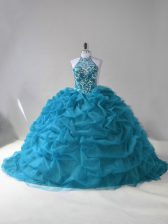Colorful Beading and Pick Ups 15 Quinceanera Dress Teal Lace Up Sleeveless