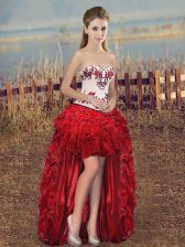 New Style Red Sleeveless High Low Embroidery and Ruffles Lace Up Prom Dresses