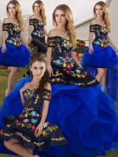 Elegant Off The Shoulder Sleeveless Lace Up Quinceanera Dress Royal Blue Tulle