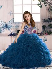 Eye-catching Navy Blue Scoop Lace Up Beading and Ruffles Pageant Dress for Girls Sleeveless