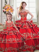 Exceptional Ball Gowns Quince Ball Gowns Red Sweetheart Satin and Organza Sleeveless Floor Length Lace Up