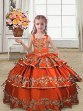  Straps Sleeveless Kids Pageant Dress Floor Length Embroidery and Ruffled Layers Rust Red Satin