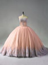 Hot Sale Tulle Sleeveless 15th Birthday Dress Court Train and Beading and Appliques