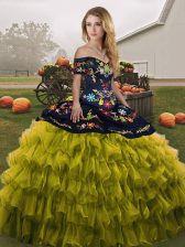 Perfect Floor Length Lace Up Quince Ball Gowns Olive Green for Military Ball and Sweet 16 and Quinceanera with Embroidery and Ruffled Layers