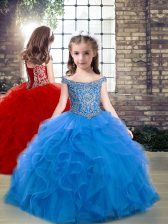  Off The Shoulder Sleeveless Lace Up Pageant Gowns For Girls Blue Tulle