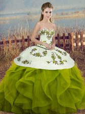  Olive Green Sleeveless Embroidery and Ruffles and Bowknot Floor Length Quinceanera Gowns