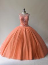 Custom Fit Orange Lace Up Vestidos de Quinceanera Beading Sleeveless Floor Length