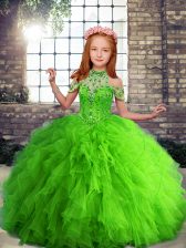 Custom Made Ball Gowns Beading and Ruffles Pageant Gowns For Girls Lace Up Tulle Sleeveless Floor Length