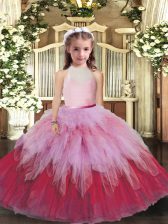 Floor Length Multi-color Little Girl Pageant Dress High-neck Sleeveless Backless