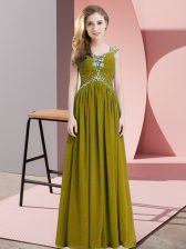  Olive Green Straps Neckline Beading and Ruching Prom Dresses Cap Sleeves Lace Up