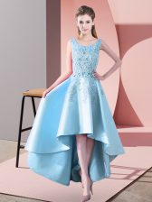 Modern Satin Sleeveless High Low Quinceanera Court of Honor Dress and Lace