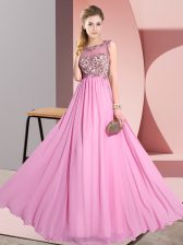 Graceful Rose Pink Empire Scoop Sleeveless Chiffon Floor Length Backless Beading and Appliques Quinceanera Dama Dress