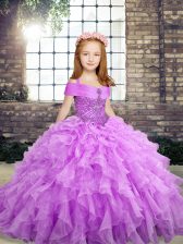 Great Lavender Sleeveless Floor Length Beading and Ruffles Lace Up Little Girl Pageant Dress