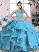  Beading and Ruffles Quinceanera Gown Blue Lace Up Sleeveless Floor Length