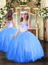  Sleeveless Tulle Floor Length Lace Up Pageant Dress Wholesale in Baby Blue with Beading