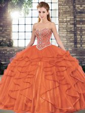  Sleeveless Floor Length Beading and Ruffles Lace Up Quince Ball Gowns with Rust Red