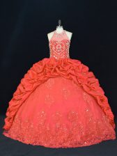  Red Vestidos de Quinceanera Sweet 16 and Quinceanera with Beading and Appliques and Embroidery Halter Top Sleeveless Lace Up
