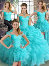  Aqua Blue Lace Up Off The Shoulder Beading and Ruffles and Pick Ups Quinceanera Gown Organza Sleeveless