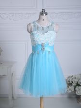  Aqua Blue Sleeveless Mini Length Lace and Appliques Zipper Dress for Prom