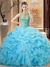  Baby Blue Organza Lace Up Scoop Sleeveless Floor Length Sweet 16 Dress Beading and Ruffles