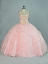  Peach Ball Gowns Beading and Ruffles Ball Gown Prom Dress Lace Up Tulle Sleeveless Floor Length