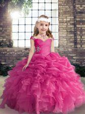 Perfect Sleeveless Floor Length Beading and Ruffles and Pick Ups Lace Up Little Girls Pageant Gowns with Hot Pink