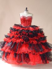  Floor Length Red And Black Vestidos de Quinceanera Organza Sleeveless Beading and Ruffled Layers