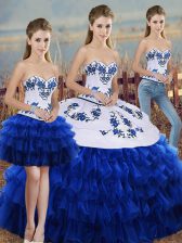  Floor Length Lace Up Sweet 16 Quinceanera Dress Royal Blue for Military Ball and Sweet 16 and Quinceanera with Embroidery and Ruffled Layers and Bowknot