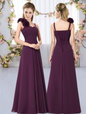 Flare Floor Length Empire Sleeveless Dark Purple Quinceanera Dama Dress Lace Up