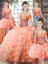  Peach Sleeveless Organza Brush Train Lace Up Sweet 16 Quinceanera Dress for Military Ball and Sweet 16 and Quinceanera