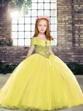  Yellow Tulle Lace Up Straps Sleeveless Pageant Gowns For Girls Brush Train Beading