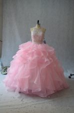 Fashionable Pink Organza Backless Vestidos de Quinceanera Sleeveless Beading and Ruffles