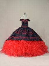 Low Price Red And Black Ball Gowns Embroidery and Ruffles Quinceanera Gowns Lace Up Satin and Organza Sleeveless
