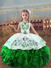 High Class Green Ball Gowns Organza Scoop Sleeveless Embroidery and Ruffles Floor Length Lace Up Pageant Gowns For Girls